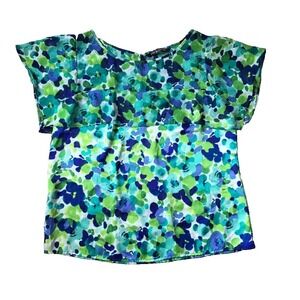 Floral Satin Top Petite L PL Watercolor Print Zac & Rachel Y2K Green Blue Office